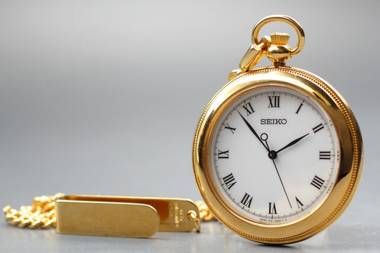 Vintage 1984 [N MINT / New Batt] SEIKO 7N01-9A20 Gold Pocket Watch From JAPAN