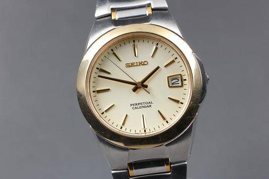 New Batt [Near MINT] SEIKO Perpetual Calendar 8F32-0130 Men's Quartz Watch Japan