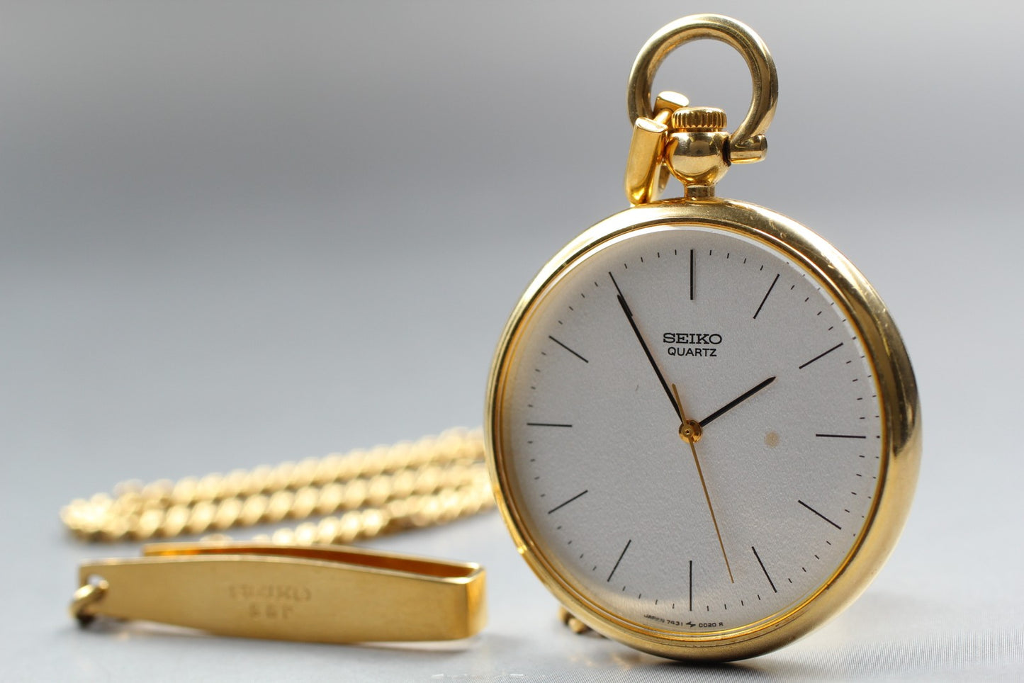 Vintage 1984 [Exc+5] SEIKO 7431-0020 Gold Open Face Pocket Watch Quartz JAPAN