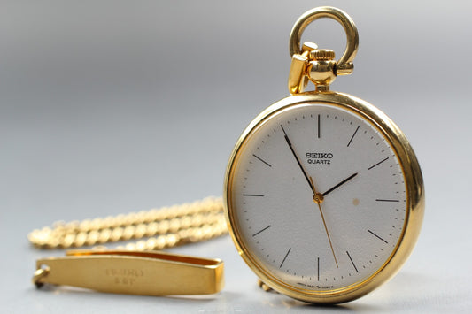 Vintage 1984 [Exc+5] SEIKO 7431-0020 Gold Open Face Pocket Watch Quartz JAPAN