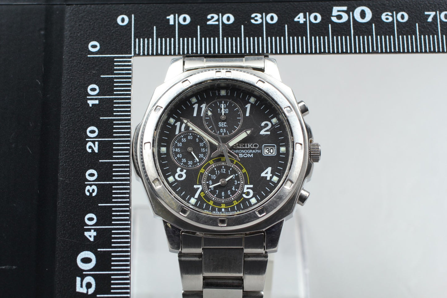 Exc+5 w/ New Battery / SEIKO 7T92-0CA0 chronograph Black Quartz Mens Watch JAPAN