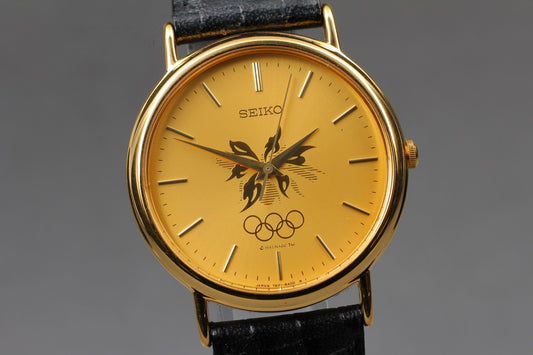 MINT / SEIKO 7N21-8A00 Nagano1990 Olympic Round Gold Quartz Mens Watch  Japan