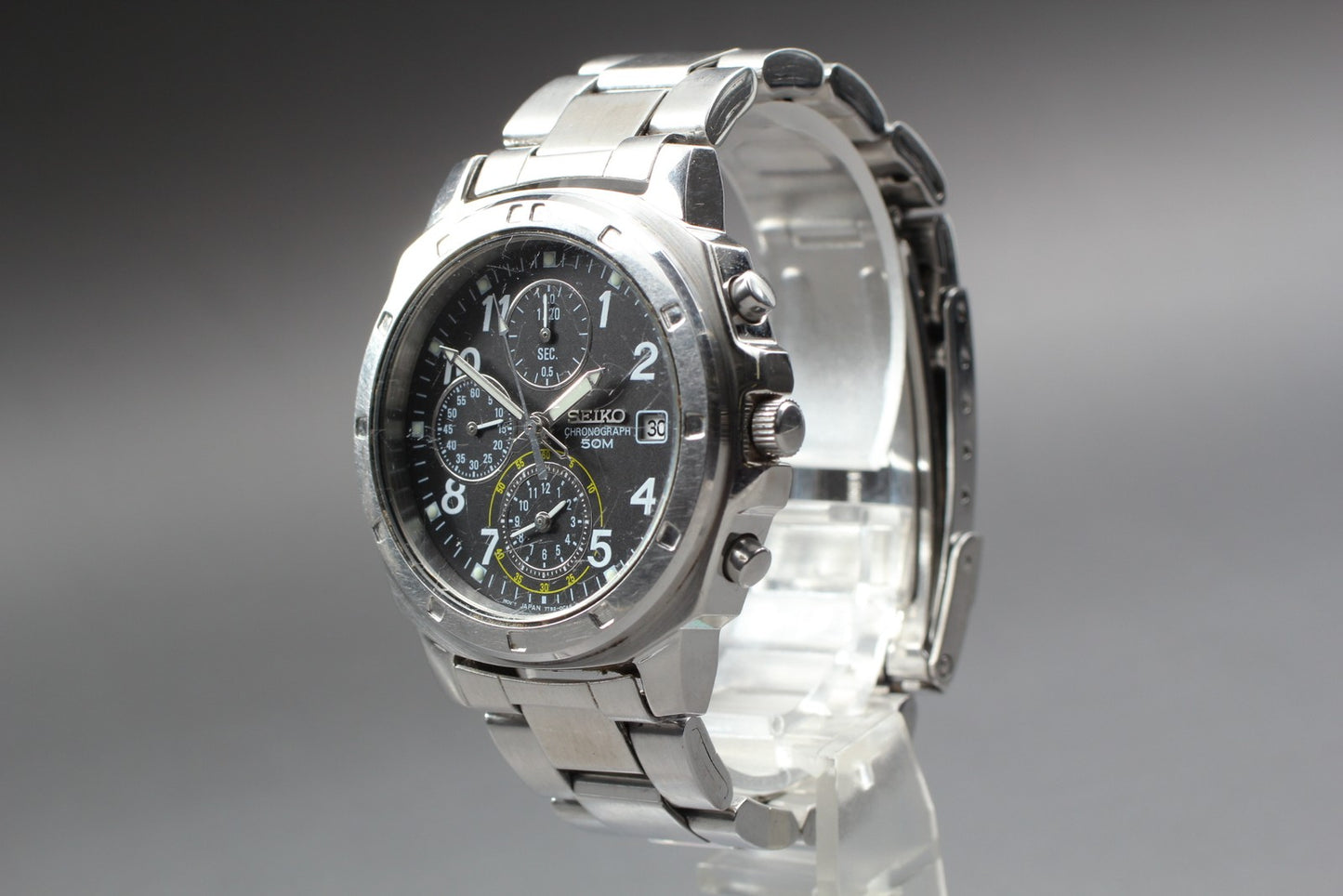 Exc+5 w/ New Battery / SEIKO 7T92-0CA0 chronograph Black Quartz Mens Watch JAPAN