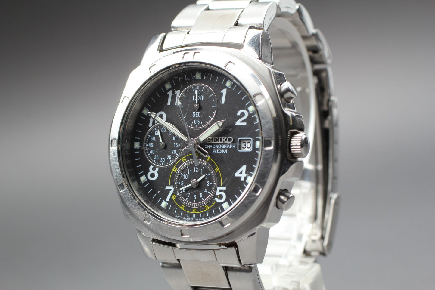 Exc+5 w/ New Battery / SEIKO 7T92-0CA0 chronograph Black Quartz Mens Watch JAPAN