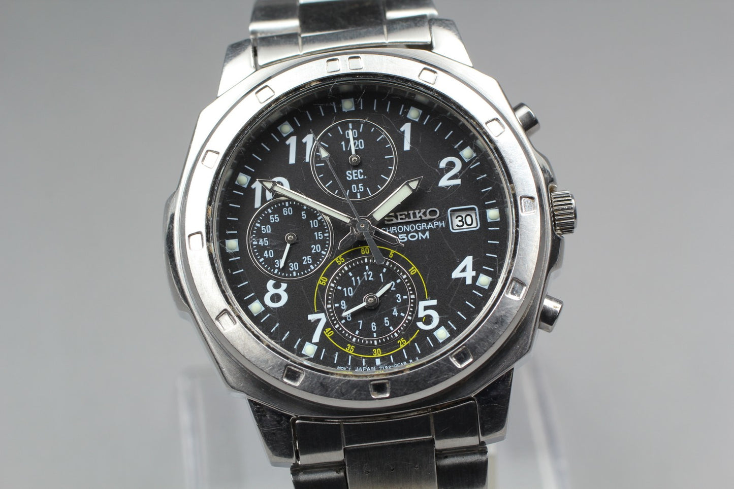 Exc+5 w/ New Battery / SEIKO 7T92-0CA0 chronograph Black Quartz Mens Watch JAPAN