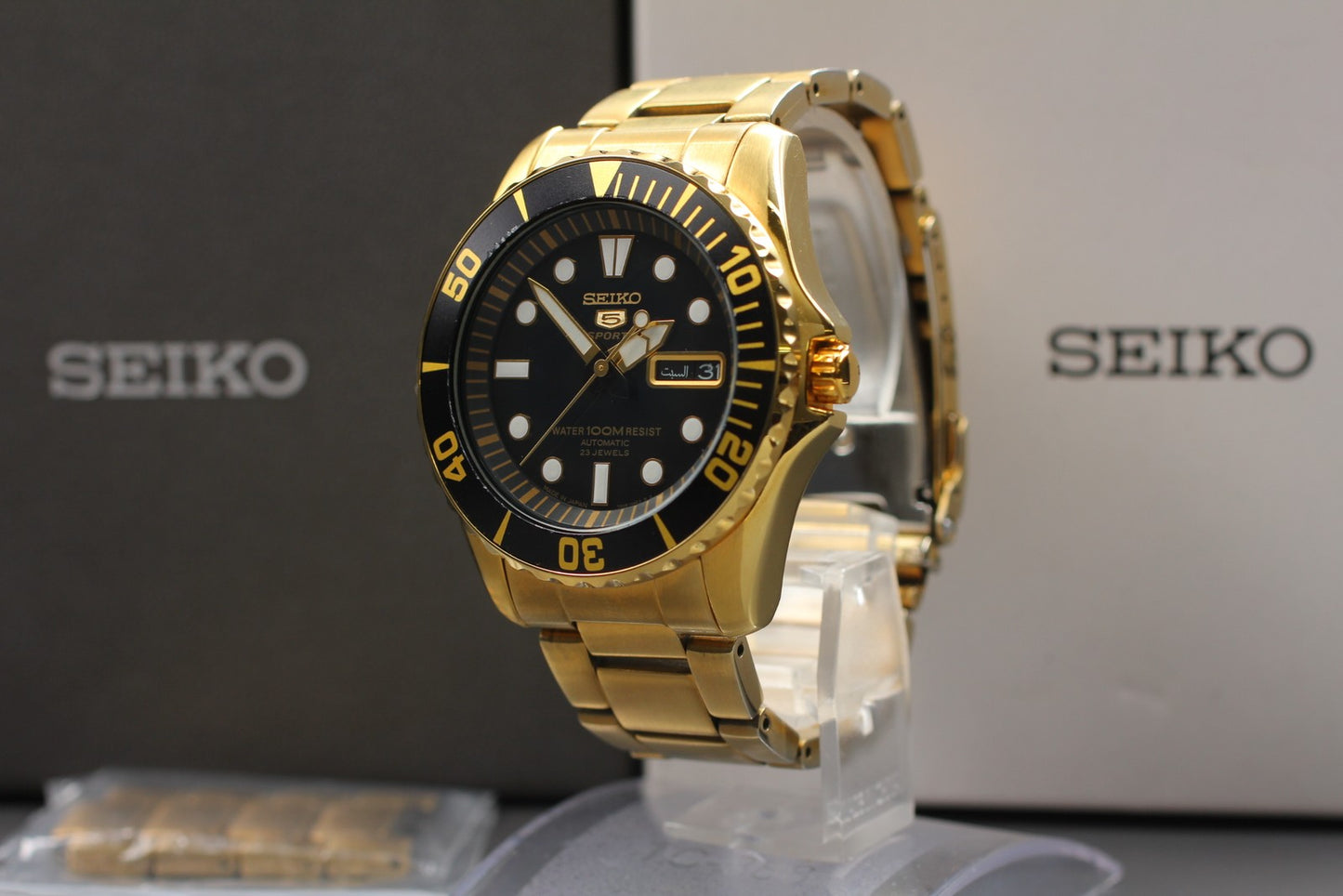 Near MINT w/ Box Seiko 5 Sports 7S36-03C0 Automatic Day/Date Gold Men's Watch