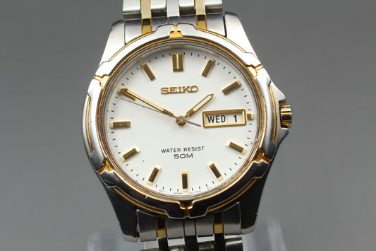 Vtg.1991 [N MINT] SEIKO V743-8B29 37.5mm Day/Date Quartz Men's Watch From JAPAN