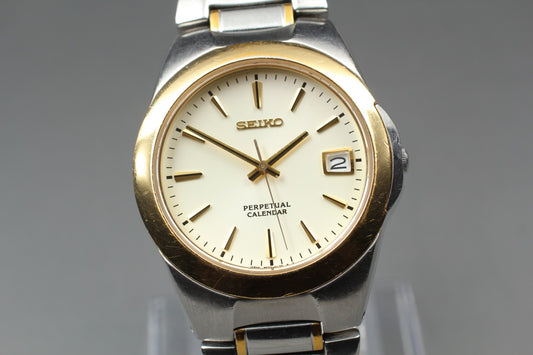 Vtg[N MINT] New Batt SEIKO Perpetual Calendar 8F32-0130 Quartz Men's Watch JAPAN