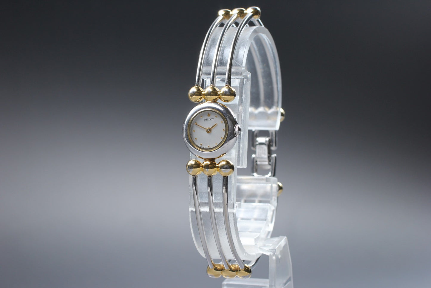 Vtg. 1988[Exc+5/New Bat] SEIKO 1E20-0C40 16mm Two Tone Bangle Ladies Watch JAPAN