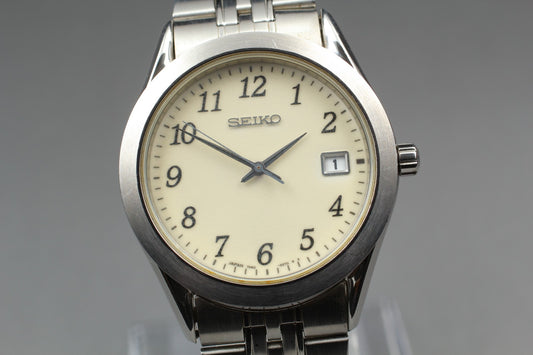 Vtg.1990 [N MINT] SEIKO 7N42-9100 Ivory Day 36mm Quartz Men's Watch From JAPAN