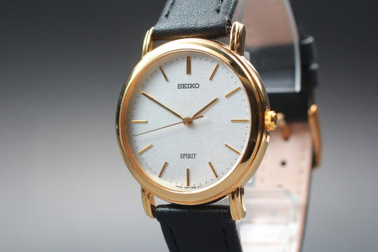 Vtg.1995[N MINT] Seiko Spirit 7N01-7080 Round 33mm Gold Quartz Men's Watch JAPAN