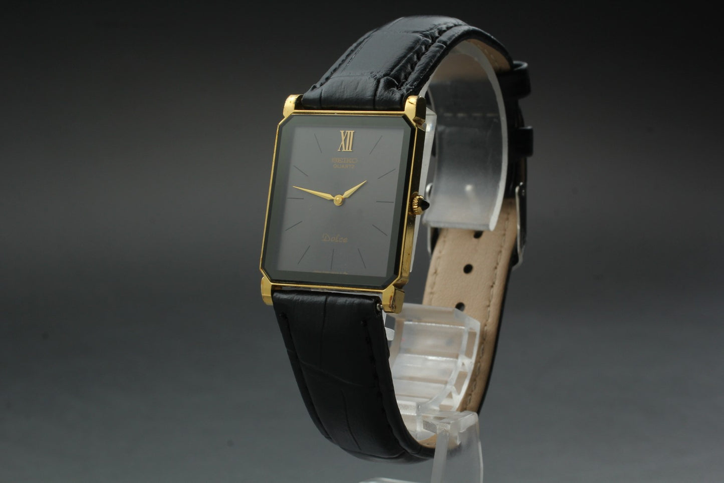 Vtg.1985 [N MINT] SEIKO Dolce 7730-5040 Tank Roman Black Qz Ladies Watch Japan