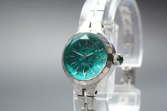 Vtg.1974 [N MINT]SEIKO 1140-0240 Cut-Glass 20mm Green Manual Ladies Watch JAPAN