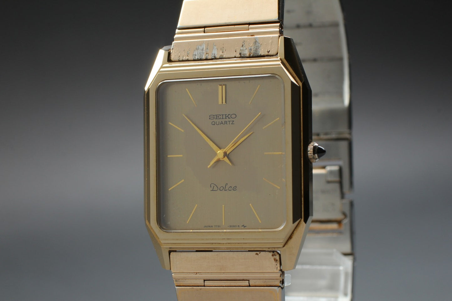 Vin.1992 [Exc+4] SEIKO Dolce 7731-5051 Tank 27mm Gold Quartz Men's Watch JAPAN