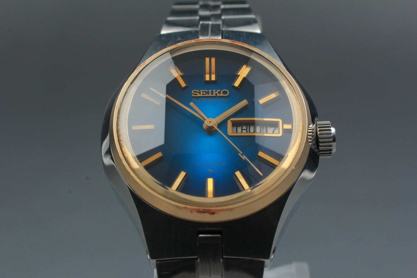 Vtg.1983 [N MINT] Seiko 2206-0320 Blue Cut-Glass Automatic Ladies Watch JAPAN