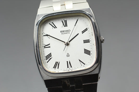 Vtg.1980[N MINT] SEIKO 6030-5090 Roman Tank 30mm Silver Quartz Men's Watch JAPAN