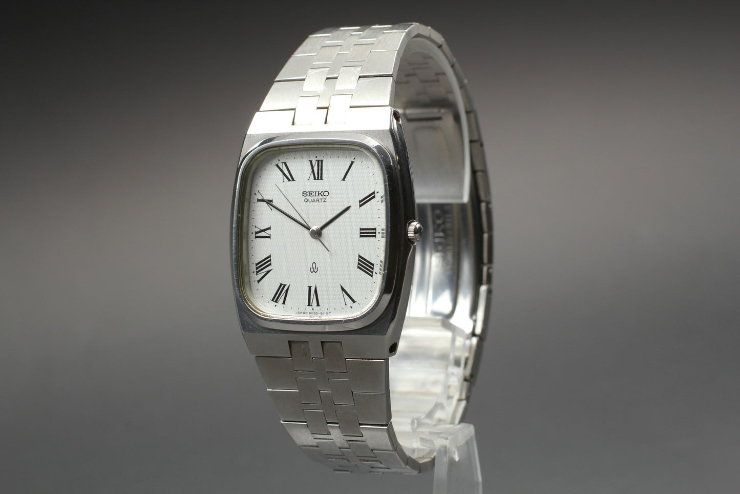 Vtg.1980[N MINT] SEIKO 6030-5090 Roman Tank 30mm Silver Quartz Men's Watch JAPAN