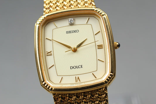 Vin.1994 [N MINT] SEIKO  DOLCE 5E31-5A90 Tank Gold Quartz Men's Watch From JAPAN