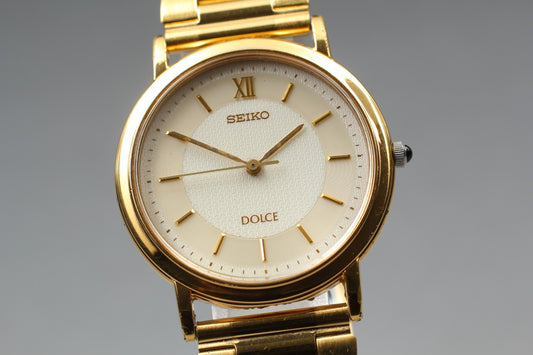 Vtg.2003 [N MINT] SEIKO DOLCE 5E31-0AA0 Roman 31mm Gold Quartz Men's Watch JAPAN