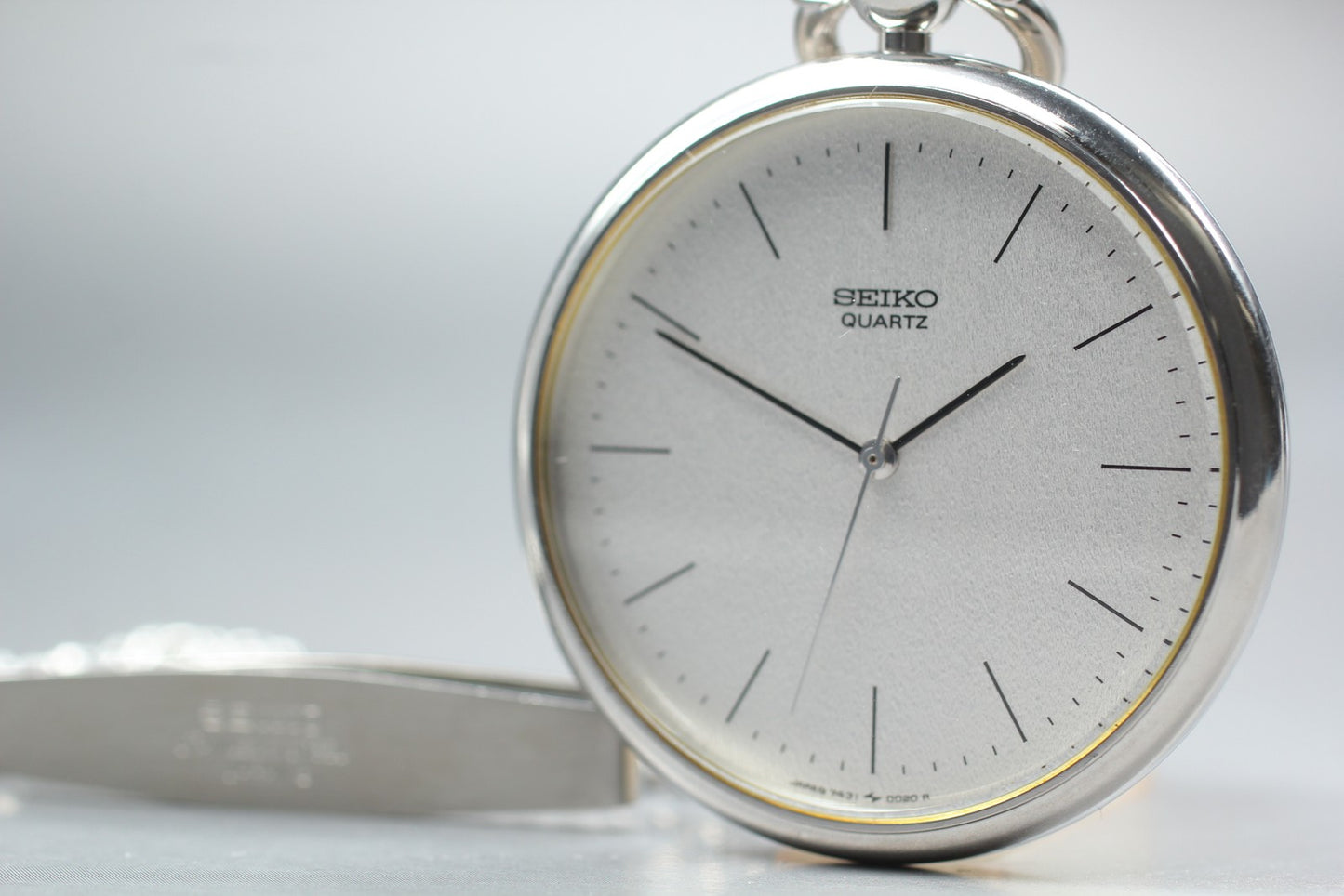 Vin.1985[N MINT] SEIKO 7431-0020 Open Face 37mm Silver Quartz Pocket watch JAPAN