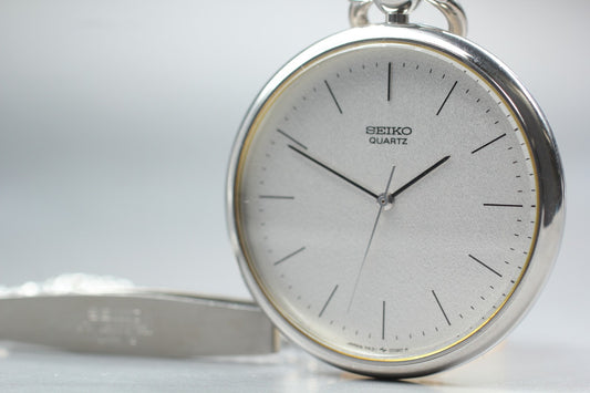 Vin.1985[N MINT] SEIKO 7431-0020 Open Face 37mm Silver Quartz Pocket watch JAPAN