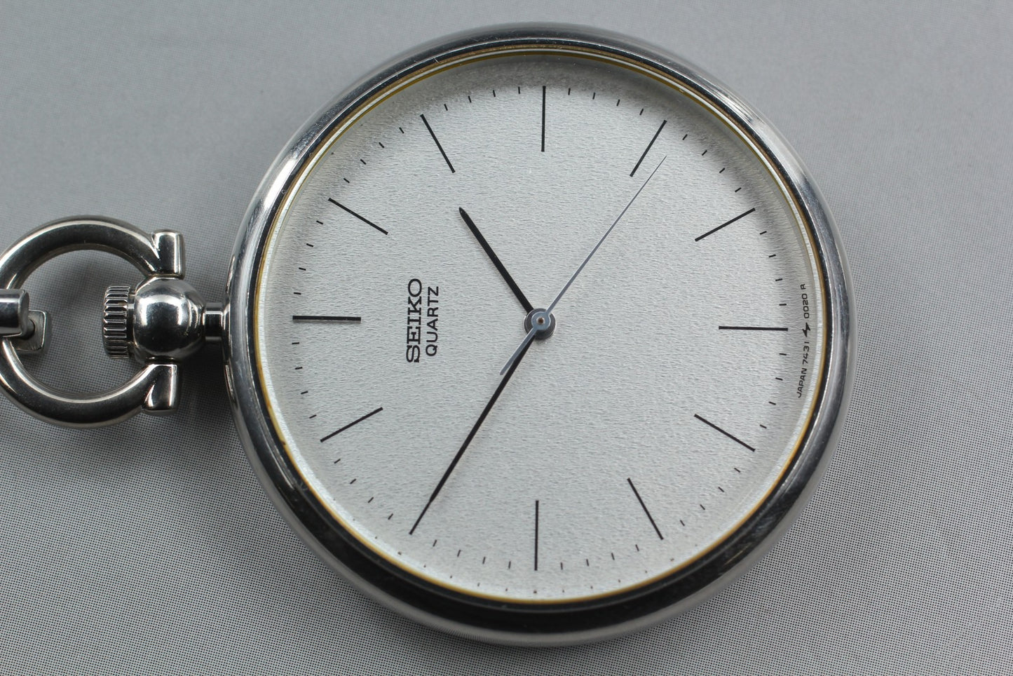 Vin.1985[N MINT] SEIKO 7431-0020 Open Face 37mm Silver Quartz Pocket watch JAPAN