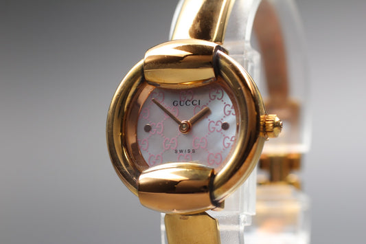 Vtg  [N MINT / New Batt] Gucci 1400L 25mm Gold Pink Sima Quartz Women's JAPAN