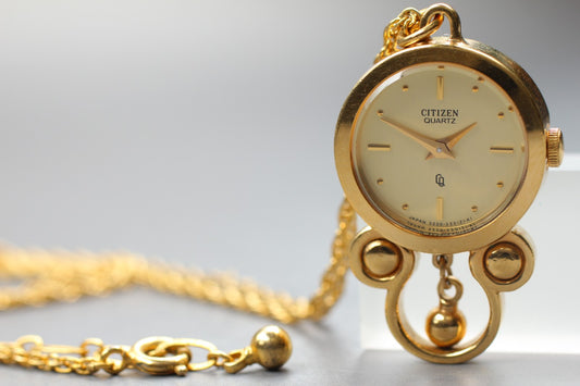 Vtg [N MINT / New Batt]  CITIZEN Gold necklace Quartz pocket watch From JAPAN