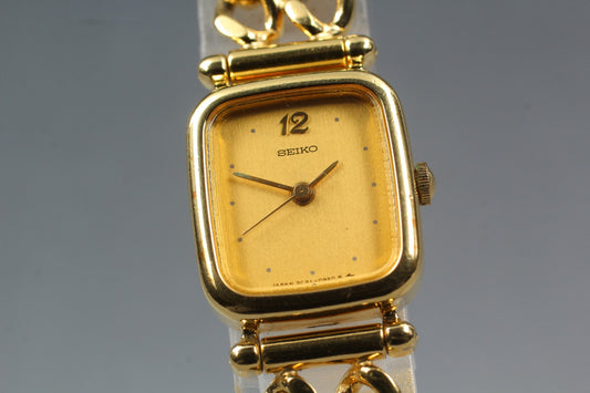 Vtg.1985[N MINT] SEIKO 2C21-5360 Tank Gold Bracelet Quartz Ladies Watch JAPAN