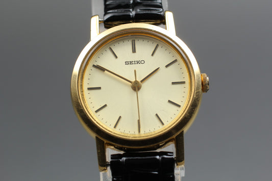 Vtg.1989 [N MINT] SEIKO 4N21-0042 Round 21mm Gold Quartz Ladies Watch From JAPAN