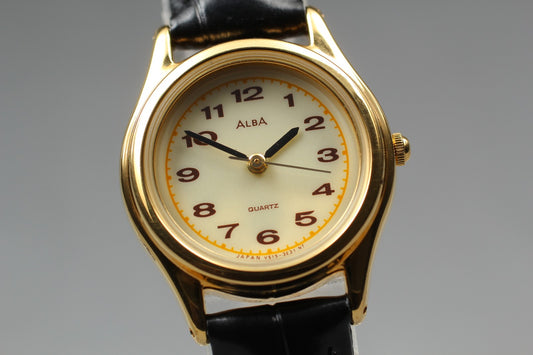Vin.1991 [N MINT] SEIKO ALBA V515-6481 Round Gold Quartz Ladies Watch From JAPAN