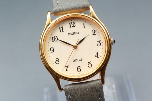 Vtg.1991 [N MINT] SEIKO DOLCE 8J41-6100 Round 31mm Gold Quartz Men's Watch JAPAN