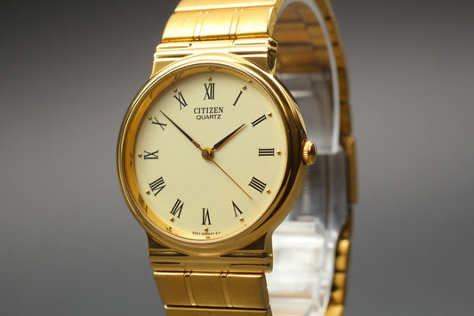 Vtg.1984 [N MINT] CITIZEN 6030-914147 30mm Roman Gold Quartz Men's Watch JAPAN