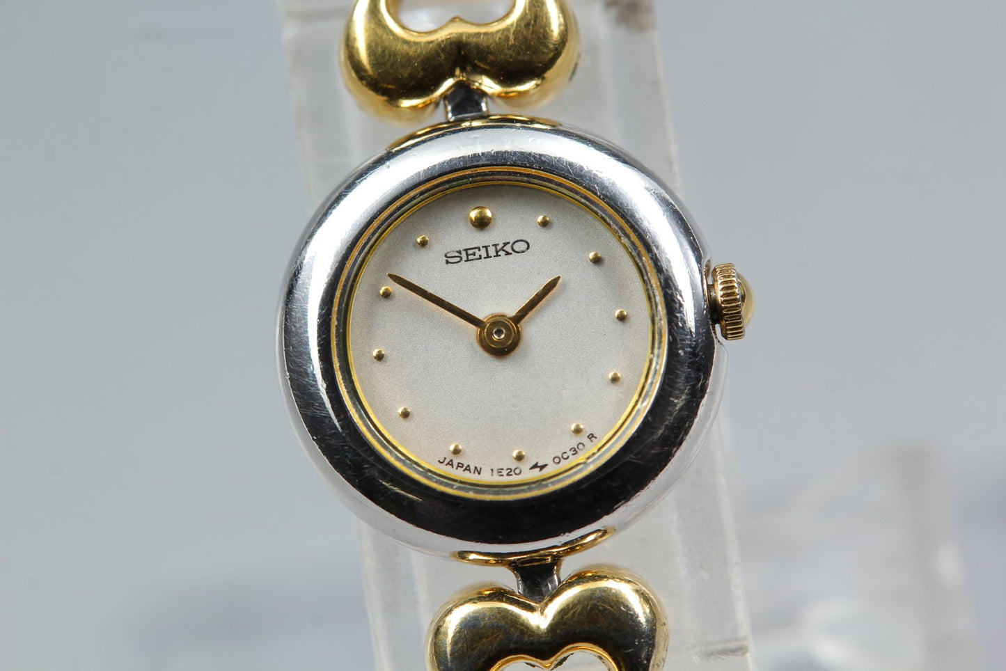 Vtg. [N MINT] SEIKO 1E20-0030 Bracelet Heart Silver Quartz Ladies Watch JAPAN