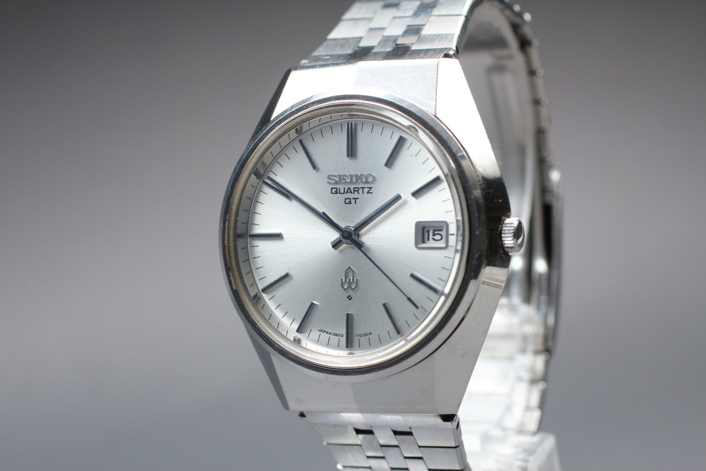 Vtg.1983 [N MINT]SEIKO 3802-7020 Day/Date 37mm Silver Quartz Men's Watch JAPAN