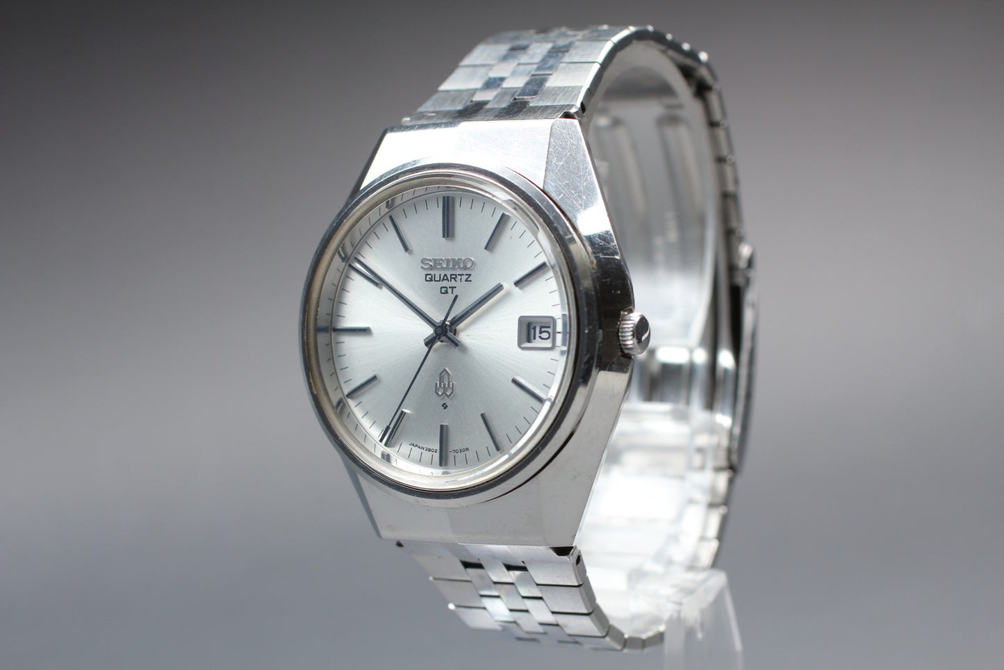Vtg.1983 [N MINT]SEIKO 3802-7020 Day/Date 37mm Silver Quartz Men's Watch JAPAN