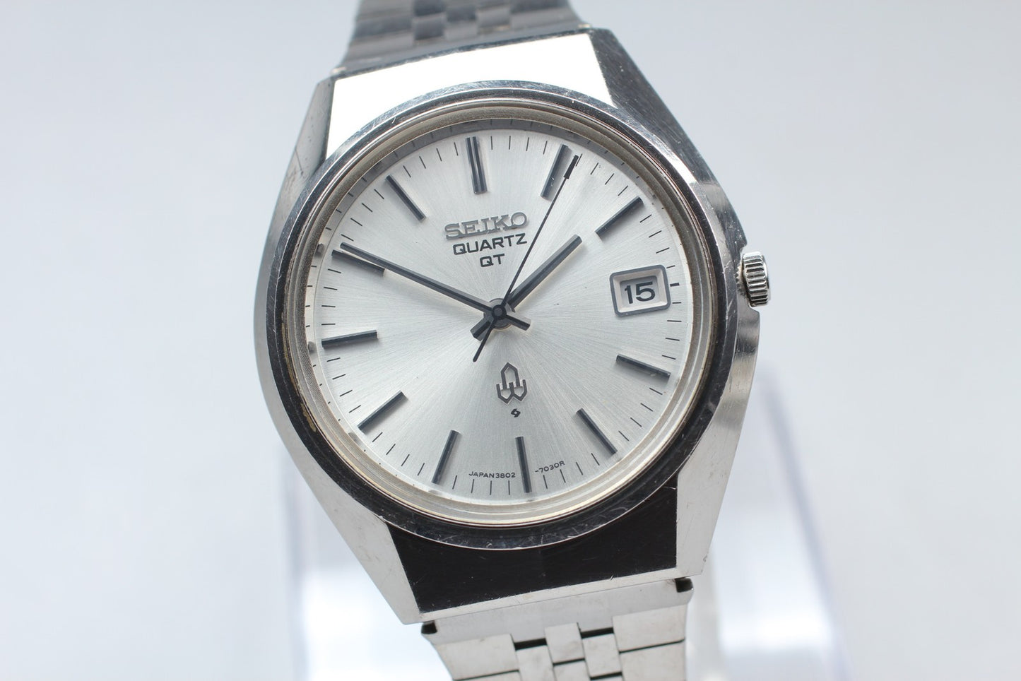 Vtg.1983 [N MINT]SEIKO 3802-7020 Day/Date 37mm Silver Quartz Men's Watch JAPAN