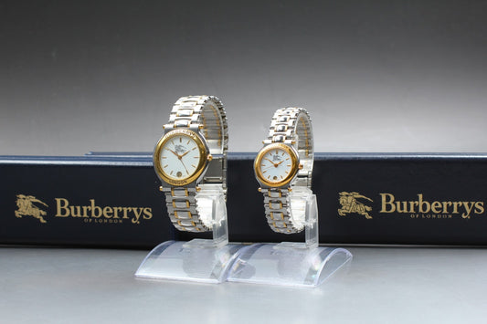 Vtg.[Near MINT w/ Box] BURBERRYS 2000 Day/Date Bracelet Quartz PAIR Watch JAPAN