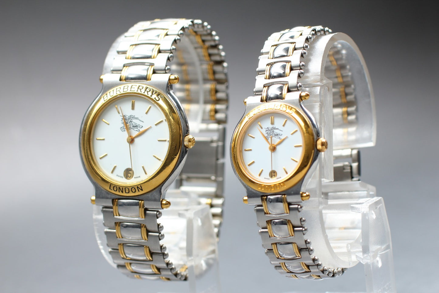 Vtg.[Near MINT w/ Box] BURBERRYS 2000 Day/Date Bracelet Quartz PAIR Watch JAPAN