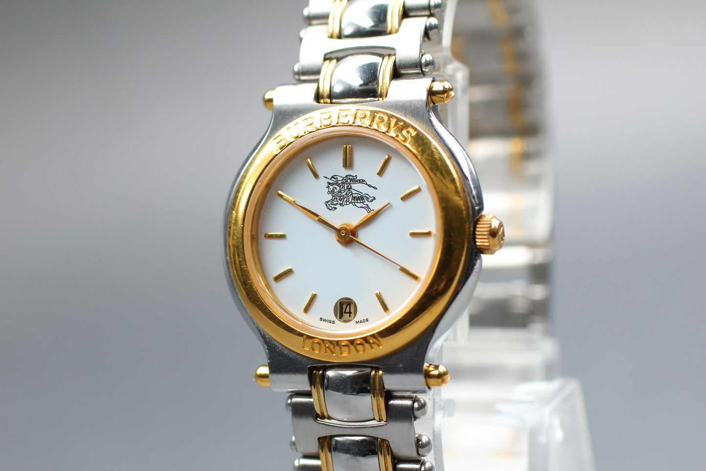 Vtg.[Near MINT w/ Box] BURBERRYS 2000 Day/Date Bracelet Quartz PAIR Watch JAPAN