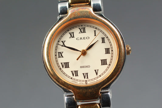 Vtg.1987[N MINT] SEIKO CREO 2P21-0C10 Roman Round 25mm Quartz Ladies Watch JAPAN