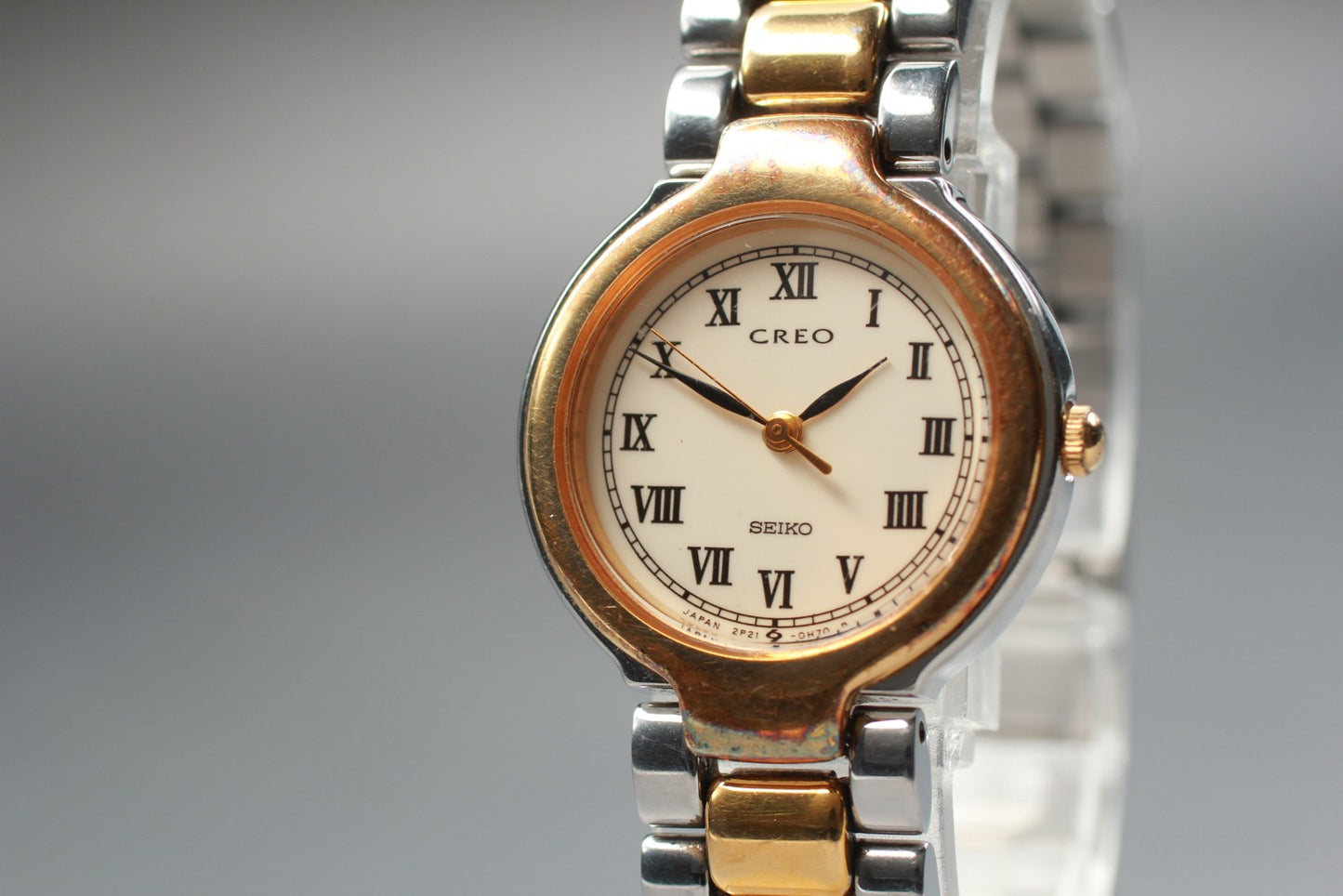 Vtg.1987[N MINT] SEIKO CREO 2P21-0C10 Roman Round 25mm Quartz Ladies Watch JAPAN